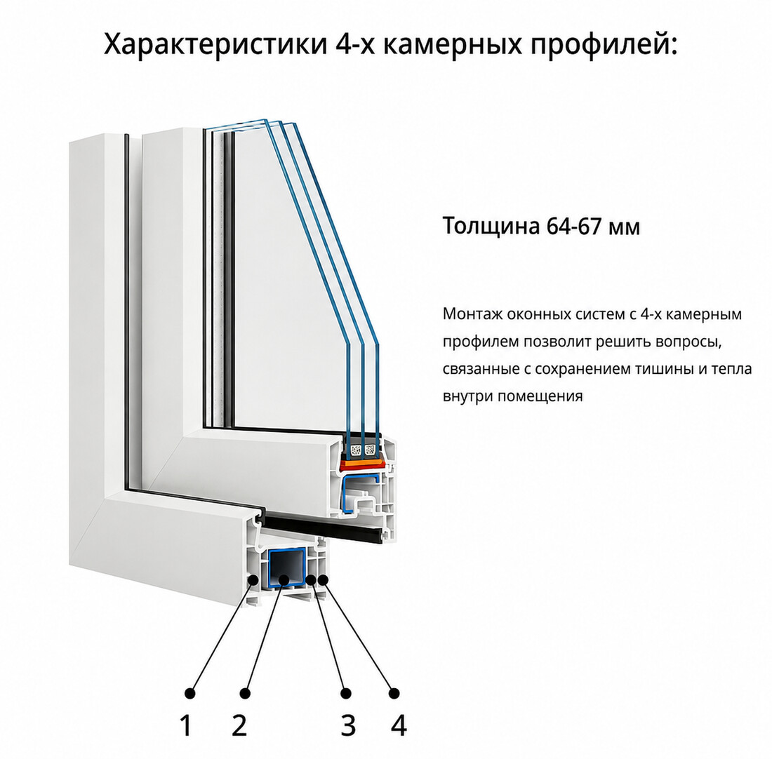 Разрез 4-камерного ПВХ-профиля, толщина 64–67 мм